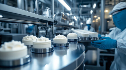Workers prepare dessert containers on a production line in a food manufacturing facility
