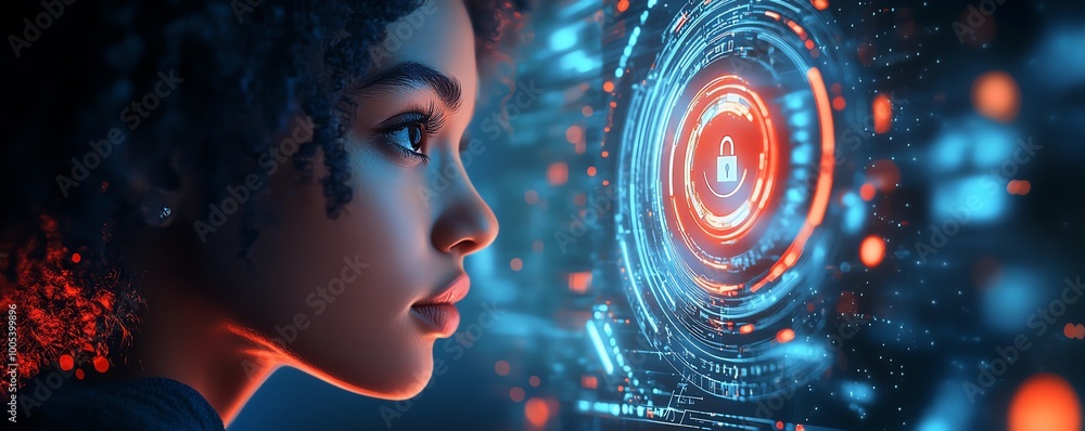 Poster privacy lock icon on a virtual screen interface of a laptop, woman interacting with computer, modern