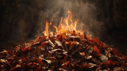 A pile of burning autumn leaves creating a warm, smoky atmosphere.