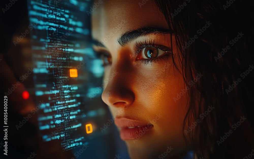 Poster privacy lock icon on a virtual screen interface of a laptop, woman interacting with computer, modern