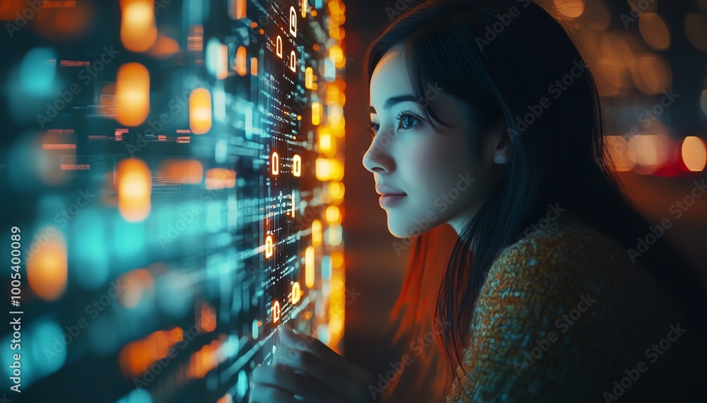 Poster privacy lock icon on a virtual screen interface of a laptop, woman interacting with computer, modern