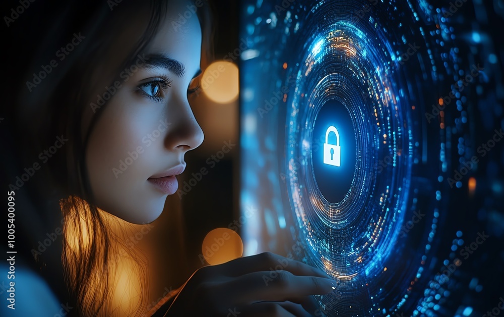 Poster privacy lock icon on a virtual screen interface of a laptop, woman interacting with computer, modern