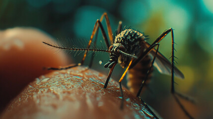 Fototapeta premium Close-up of a mosquito feeding on a person’s finger during a warm afternoon in nature