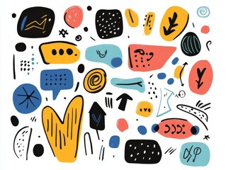 2408 106.A playful set of hand-drawn doodles featuring funky speech bubbles, arrows, and contemporary figures. The design includes bold, curvy lines and groovy shapes, with quirky text inside the