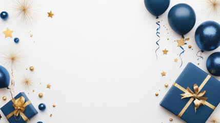 Celebrate with this festive arrangement featuring blue balloons, golden stars, and beautifully wrapped gifts. Perfect for invitations or party decorations!