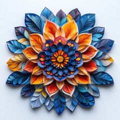 Fototapeta premium Colorful paper cut mandala with vibrant leaves and intricate floral design, showcasing blend of blue, orange, and yellow hues. This artwork evokes sense of creativity and tranquility