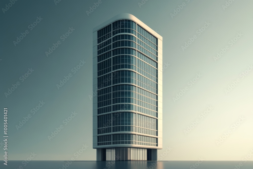 Poster skyscraper with a retro-futuristic design, featured on a plain, empty background.
