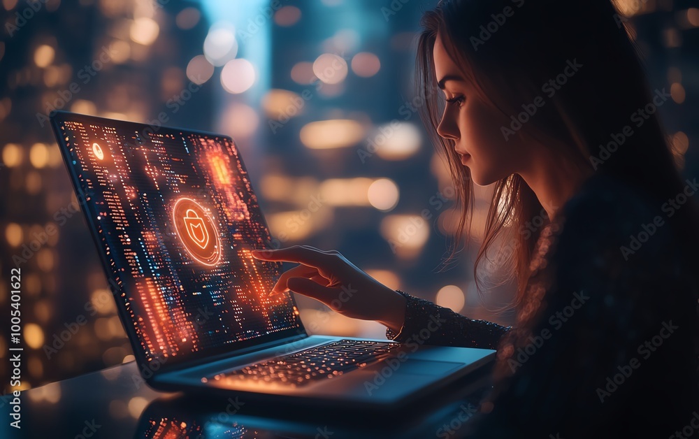 Aufkleber woman operating a laptop with a privacy lock icon on the virtual screen interface, focusing on data 