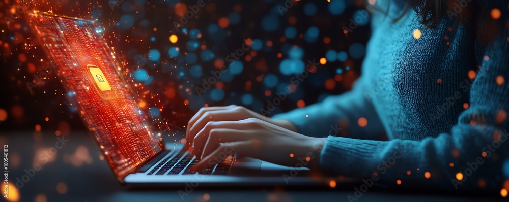 Aufkleber woman operating a laptop with a privacy lock icon on the virtual screen interface, focusing on data 