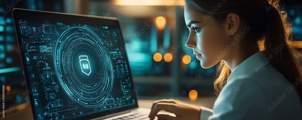 Aufkleber woman operating a laptop with a privacy lock icon on the virtual screen interface, focusing on data 