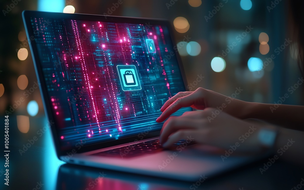 Aufkleber woman operating a laptop with a privacy lock icon on the virtual screen interface, focusing on data 