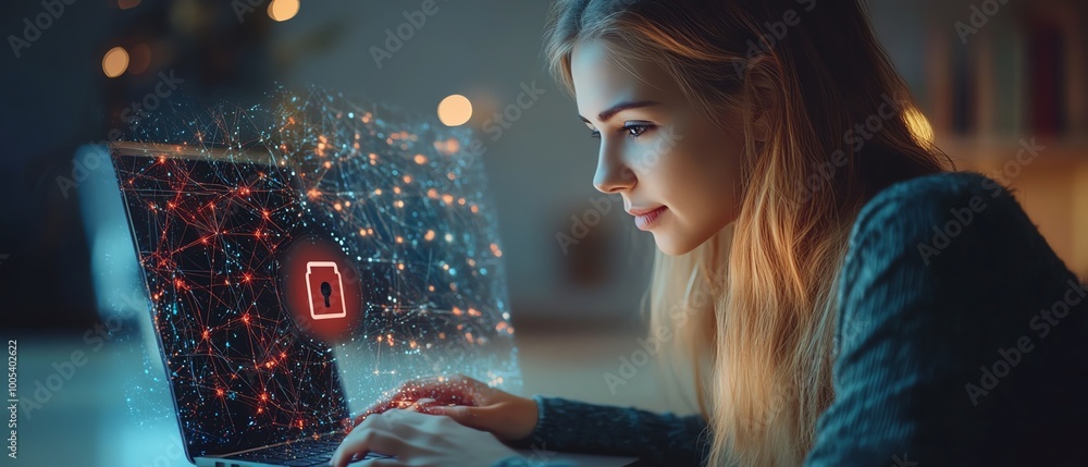 Aufkleber Woman using a laptop with Privacy Lock icon on virtual screen, emphasizing privacy and security features, clear and detailed, 4K quality