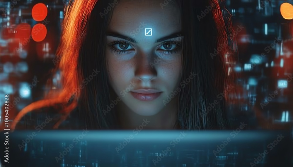 Aufkleber woman using a laptop computer, showing a privacy lock icon on virtual screen interfaces, modern and 