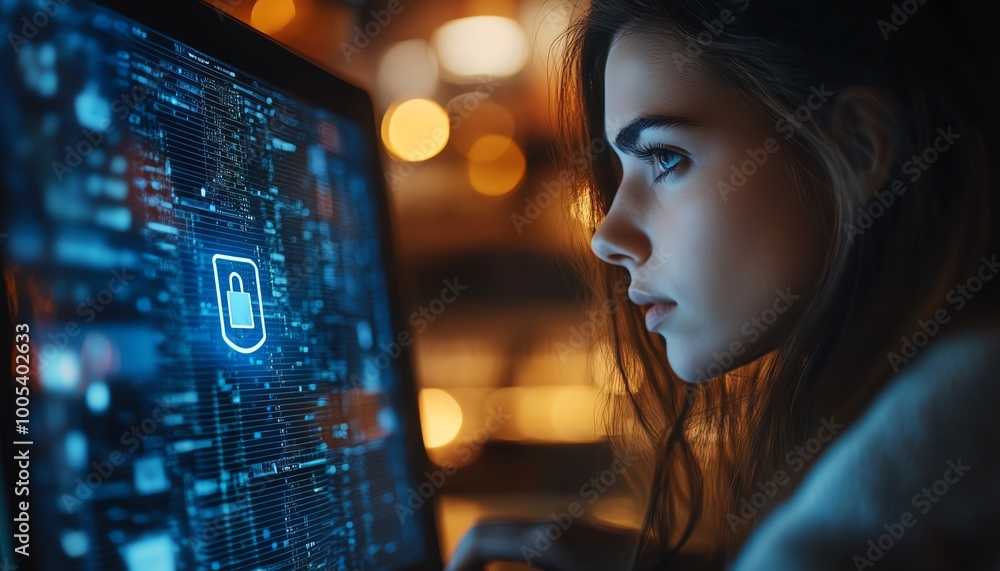 Poster woman using a laptop with privacy lock icon on virtual screen, emphasizing privacy and security feat