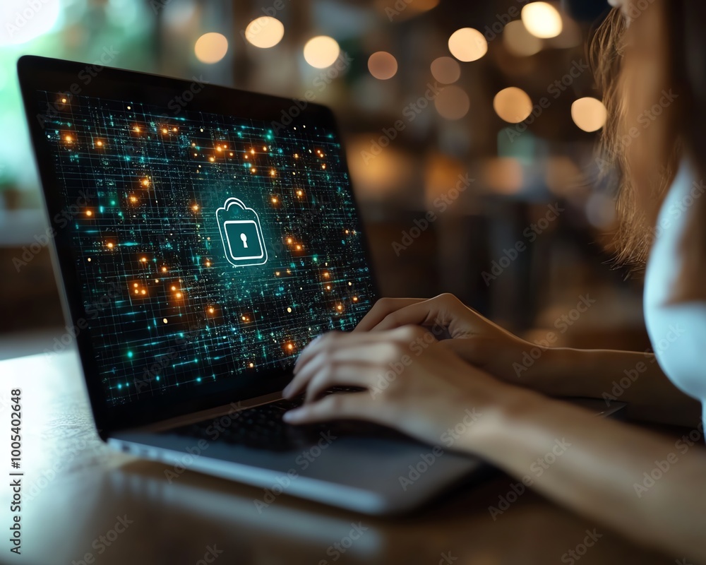 Poster Woman using a laptop with Privacy Lock icon on virtual screen, emphasizing privacy and security features, clear and detailed, 4K quality