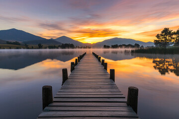 Fototapeta premium A serene lakeside scene at sunrise, featuring a wooden pier extending into calm waters, reflecting vibrant colors of the sky.
