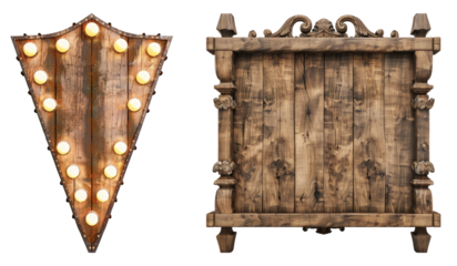 Wooden marquee sign isolated on transparent background, set of
