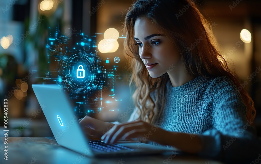 Poster Woman using a laptop with Privacy Lock icon on virtual screen, emphasizing privacy and security features, clear and detailed, 4K quality
