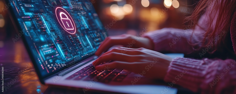 Poster woman using a laptop with privacy lock icon on virtual screen, emphasizing privacy and security feat