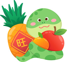 Snake character or cartoon character with fruits, pineapple and orange and apple, Chinese New Year, vector illustration