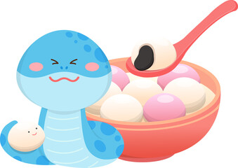 Snake character or cartoon character with glutinous rice balls, Chinese New Year or Lantern Festival, vector illustration