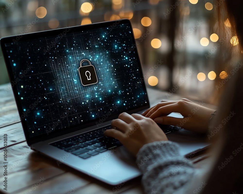 Poster woman using a laptop with privacy lock icon on virtual screen, emphasizing privacy and security feat