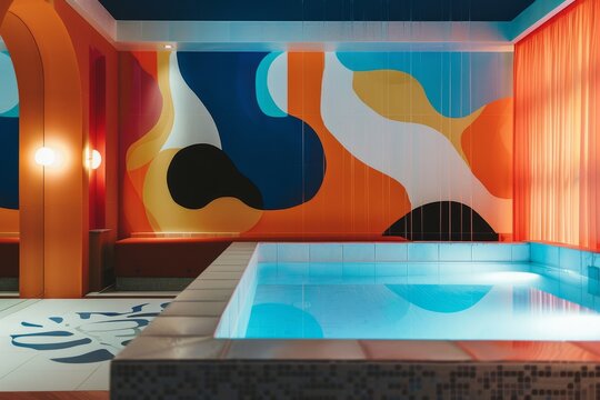 Spa relaxation scene with a bold and dynamic abstract backdrop.