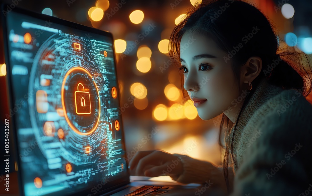Aufkleber woman with a laptop displaying a privacy lock icon on virtual screen, techfocused and secure environ