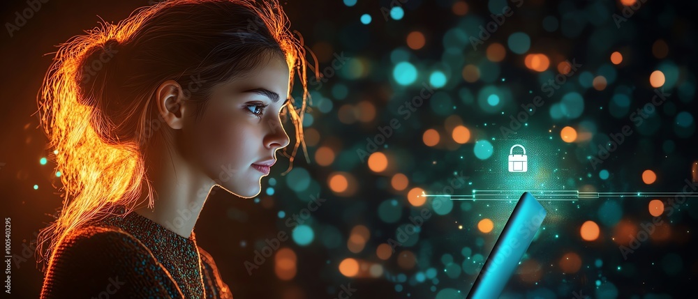 Aufkleber woman with a laptop displaying a privacy lock icon on virtual screen, techfocused and secure environ