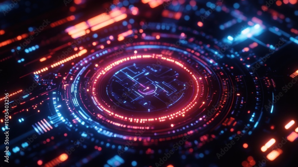 Poster abstract digital circuit design with glowing elements in blue and red.