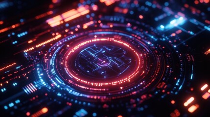 Obraz premium Abstract digital circuit design with glowing elements in blue and red.