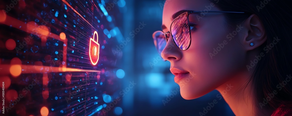 Aufkleber woman with a laptop displaying a privacy lock icon on virtual screen, techfocused and secure environ