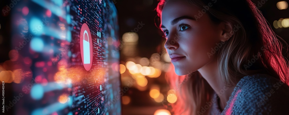 Aufkleber woman with a laptop displaying a privacy lock icon on virtual screen, techfocused and secure environ