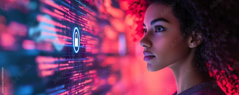 Aufkleber woman with a laptop displaying a privacy lock icon on virtual screen, techfocused and secure environ