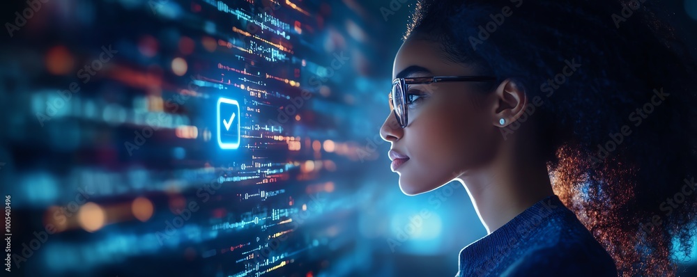 Aufkleber woman with a laptop displaying a privacy lock icon on virtual screen, techfocused and secure environ