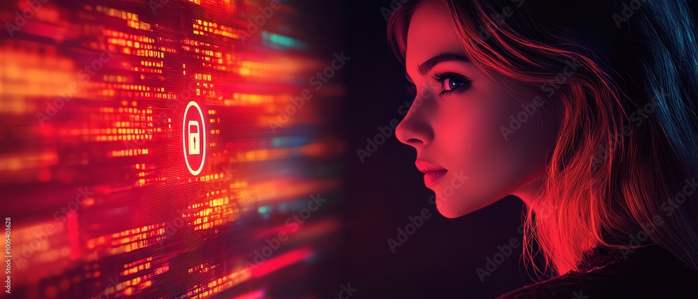 Aufkleber woman with a laptop displaying a privacy lock icon on virtual screen, techfocused and secure environ