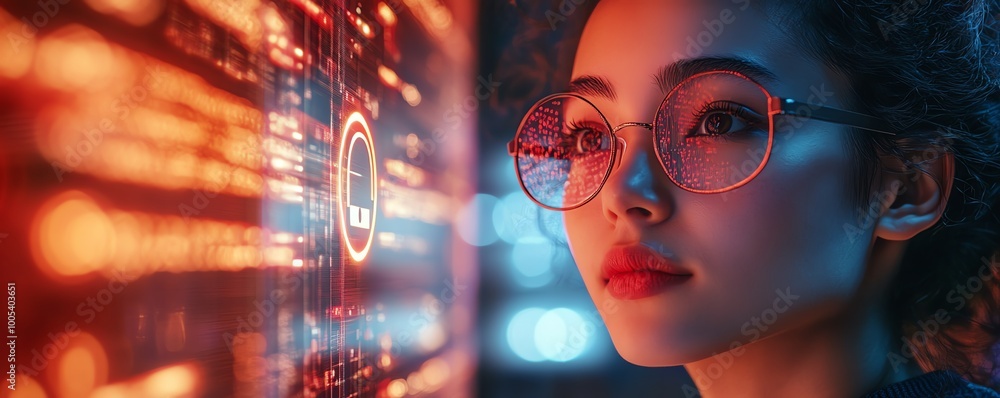 Aufkleber woman with a laptop displaying a privacy lock icon on virtual screen, techfocused and secure environ