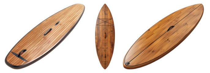 Wooden paddleboard isolated on transparent background, set of
