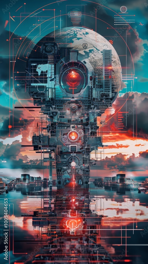 Poster surreal composition with symbolic cyber defense elements.