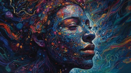 A vibrant portrait of a woman immersed in colorful cosmic elements.