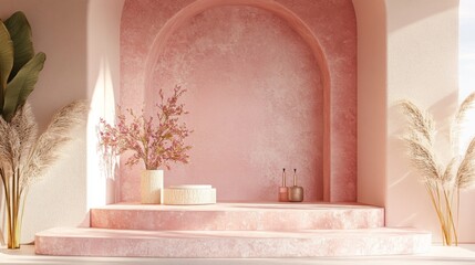 Minimalist pink archway with podium for product display.