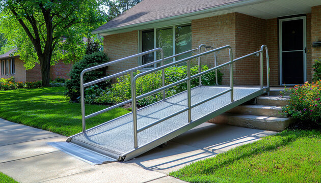 A wheelchair ramp provides accessibility to a home, connecting the sidewalk to the entrance.