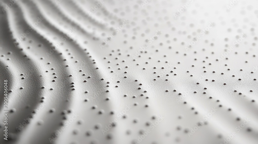 Poster abstract design featuring textured waves and small black dots on a light background.
