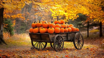 Pumpkin-filled cart sitting on a leaf-covered trail, capturing the warm and cozy essence of the autumn harvest season.