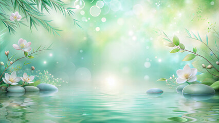 Serene pond landscape with blooming flowers and stones surrounded by a soft green atmosphere
