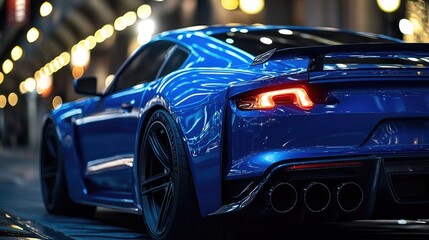 Blue sports car parked in a city at night reflecting city lights