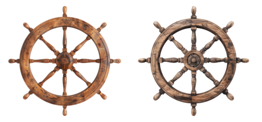 Wooden ship wheel isolated on transparent background, set of