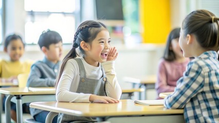 Fototapeta premium side view, elementary student girl talking story with her friends at classroom 
