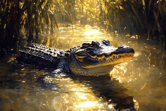 American alligator resting in a swamp at sunset