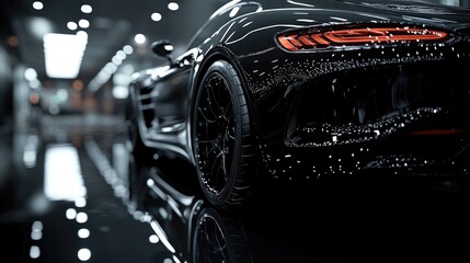 Black sports car parked in a parking garage showing its headlight